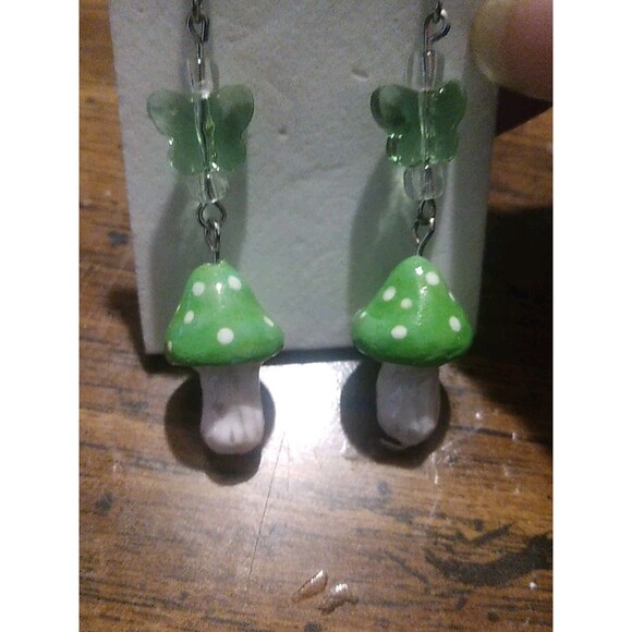 Translucent Green Butterfly And Mushroom Earrings Dangle/drop Whimsical Fairy... - Picture 3 of 3